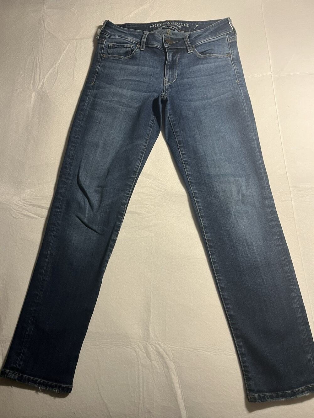 American Eagle Womenโs Jeans Size 4 Short Super Stretch Bootcut Flare Blue Denim